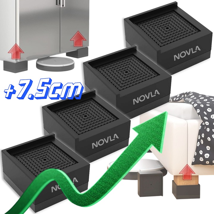 Suport lift pentru pat, inaltare cu 7.5 cm, NOVLA, bloc ridicare mobilier 500 kg, Suport ridicare mobila robust fix, compatibil pat/canapea/masa/masina de spalat/frigider, compact 7.8x7.8x7.5 cm, negru