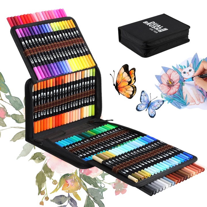 Комплект маркери с два върха, Комплект акварелни маркери, Комплект маркери с два върха, Комплект маркери с четка, Дебели и тънки маркери с два върха, Маркери с четка Fineliner, връх 0,4 мм, 120 различни цвята, за писане, рисуване, мандала, оцветяване