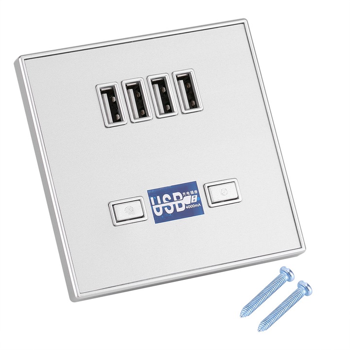 Priza perete cu 4 porturi USB, LED, negru 8.6x8.6x3.8cm