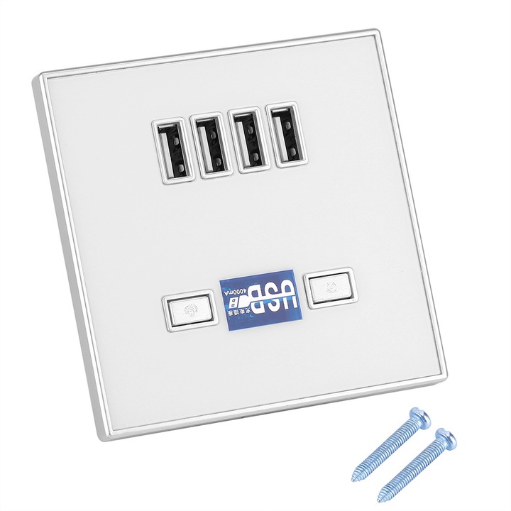 Priza perete cu 4 porturi USB LED alb 8.6x8.6x3.8cm