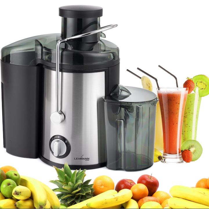 Сокоизстисквачка за плодове и зеленчуци, центробежна, Lehmann Frutti, 600W, контейнер за сок 450 мл, контейнер за пулп 1500 мл, 2 скорости, захранваща тръба 65 мм, 28x17,5x29,6 см, 2,6 кг, черно/сребристо