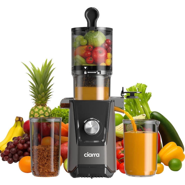 Storcator de fructe si legume cu presare la rece Ciarra, Slow Juicer, recipient suc 0.8 litri, functie Reverse, fara BPA, orificiu de umplere Ø 10.8 cm, ideal pentru legume/fructe intregi, parti detasabile si lavabile, negru
