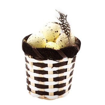 Cos impletit rotund cu 6 oua multicolore decorative de Paste, Maro/Alb Cos impletit rotund cu 6 oua multicolore decorative de Paste, Maro/Alb