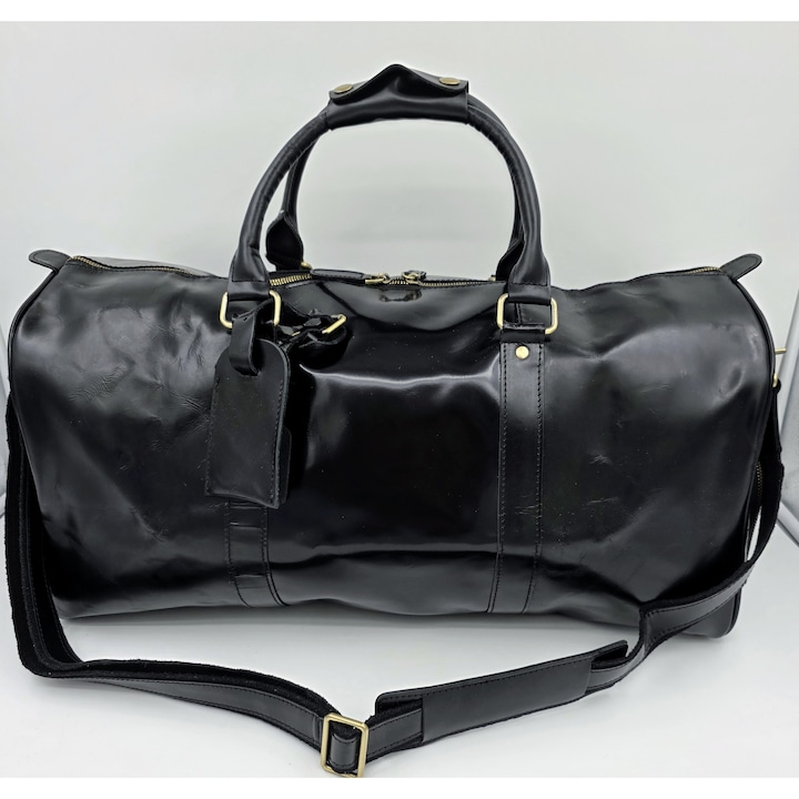 Valódi bőr hétvégi táska. Klasszikus, elegáns. Modern funkcionalitás. Fényes fekete - Úriember társ.