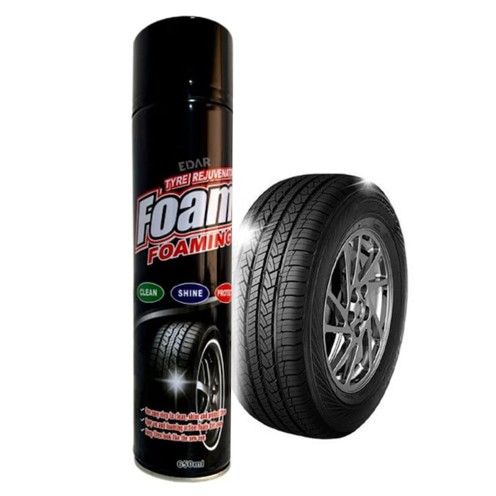 Spray Spuma EDAR pentru Curatarea, Protejarea si Luciul Anvelopelor Auto, Solutie de Detailing si Tratament pentru Cauciuc, 650 ML, Incolor