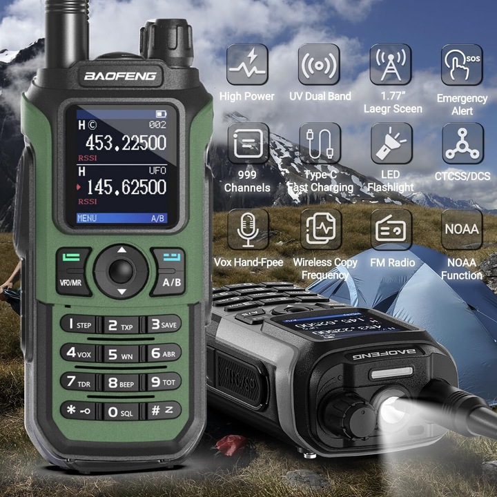 Преносима радиостанция Baofeng UV-21 PRO, VINTOP, Трибандова, Безжично съвпадение на честотата, USB Type C зареждане, FM радио, Слушалка с микрофон, Зелен