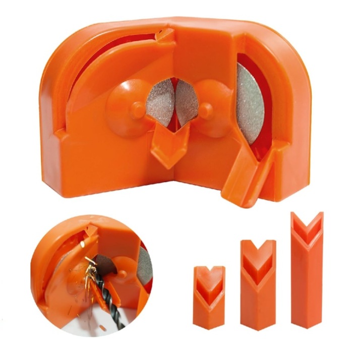 Masina de ascutit burghie, multifunctionala, pentru toate dimensiunile modelelor (5/64"- 5/8”), AjieQaQ, cu 2 discuri abrazive si 3 accesorii, usor de utilizat, portabila, ABS, portocaliu