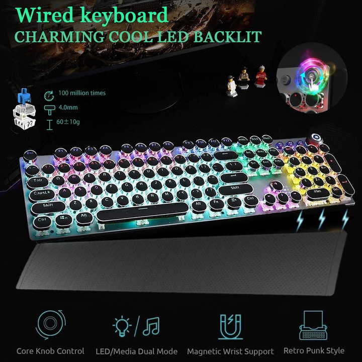 Tastatura Mecanica MOSMAOO®, USB cu fir Tastatura, Retroiluminare LED, Blue Switch, Palmrest, Buton de control media, Design Ergonomic, 108 taste, Negru Spatial