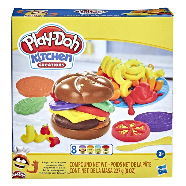 Set de gătit hamburger Play-Doh, Hasbro, 225g plastilină, culori variate, 7 ani