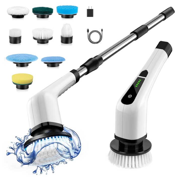 Perie de Curatat Electrica Rotativa 9 in 1 Premium SUPER TRENDS®, Fara Fir, Brat Reglabil, Capete de Perie Inlocuibile Pentru Dus, Baie, Bucatarie, Podea, Faianta, Cada, Waterproof IPX7, Lungime Reglabila 30-137 cm, 2 Viteze, Alb