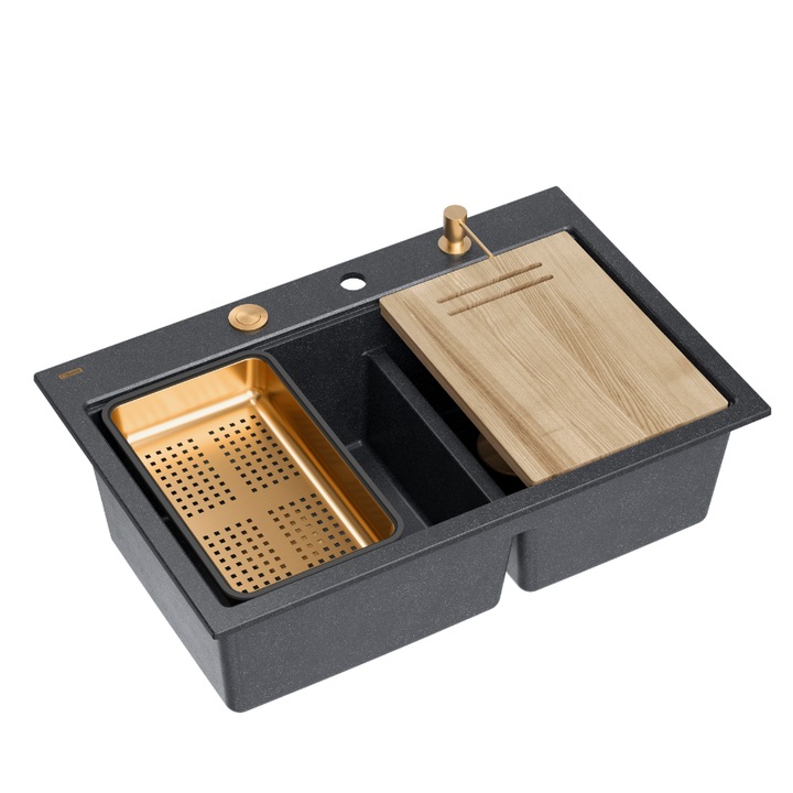 Chiuveta Quadron MARC 120 Granite cu 2 cuve 76x50x22 cm, set negru