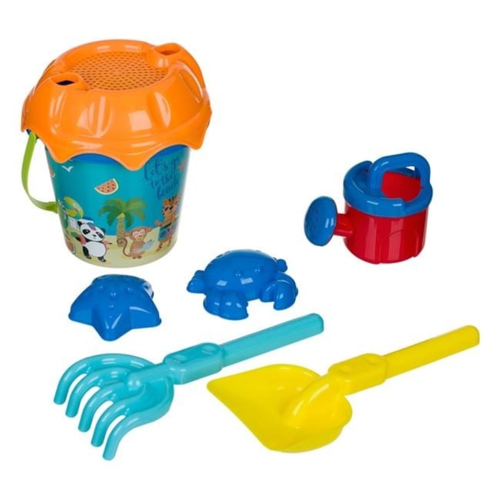 Кофа за плаж Небе с животни от джунглата Ø16x13.5см, Комплект 5 аксесоари за пясък – Лятна играчка за деца момчета/унисекс – ANTBRO®