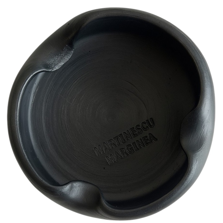Scrumiera neagra din ceramica, lucrata manual, traditionala, rotunda
