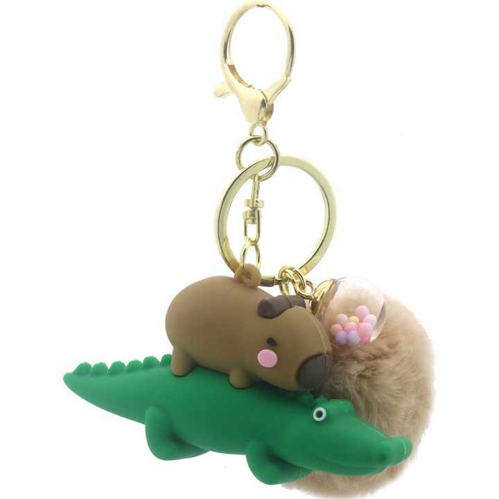 Breloc capybara pe crocodil, maro cu puf bej si bilute colorate, accesoriu dragut pentru chei sau geanta