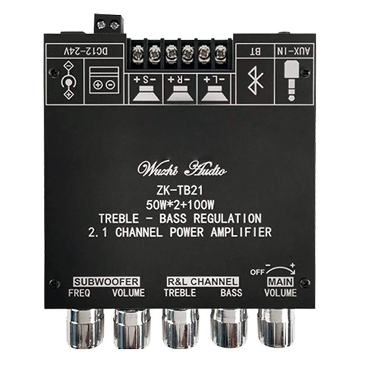 Amplificator audio, Rqiurpn, Bluetooth 5.0, 2.1 Canale, 2X50W+100W, Putere audio 12V-24V, Negru
