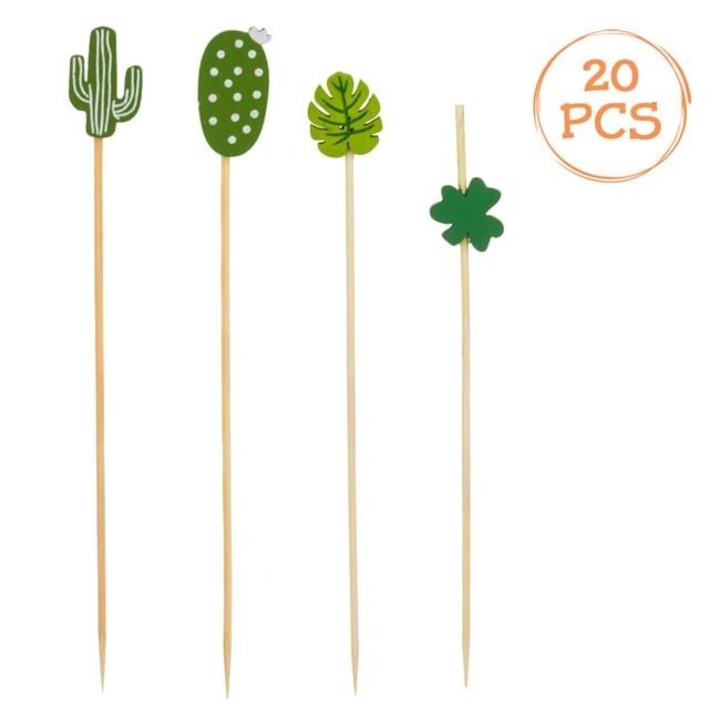 Készlet 20 Bambusz Koktélpálca Antbro®, 12 cm, Kaktusz, Levél, Lóhere Minták – Egyszer Használatos, Környezetbarát, Ünnepi Dekoráció Gyerekeknek/Születésnapokra