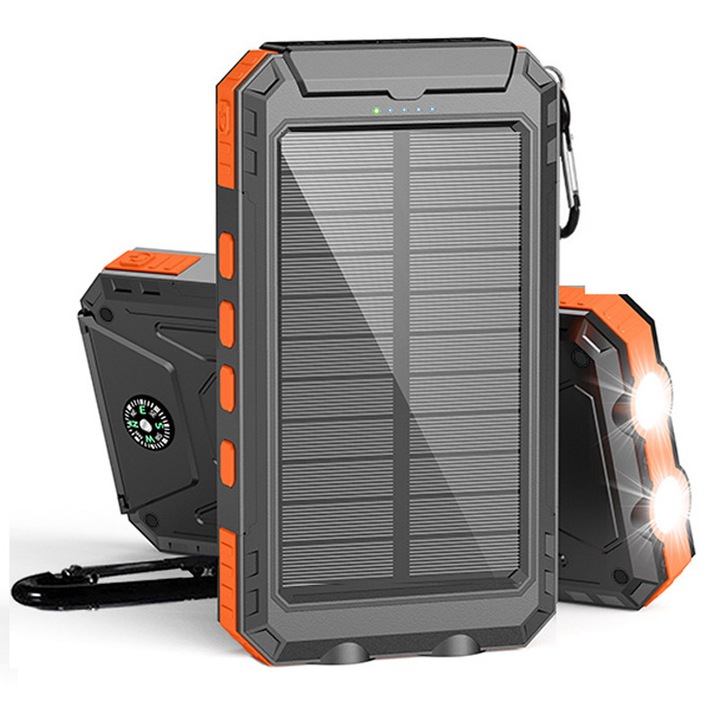 Rqiurpn 8000mAh külső napelemes akkumulátor, USB-C, vízálló, zseblámpával és iránytűvel, kültéri tevékenységekhez
