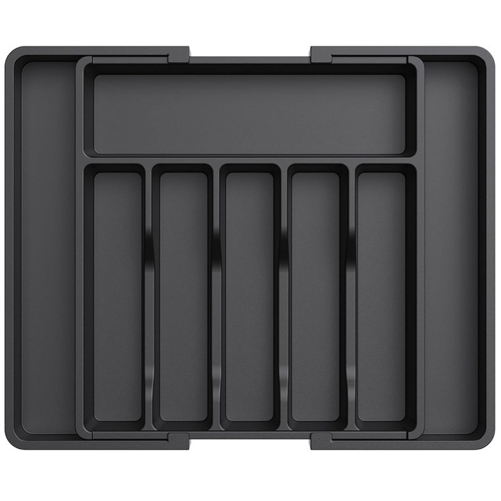 Органайзер за прибори за хранене, Rqiurpn, Разтегателно и регулируемо чекмедже, Просторен дизайн, Поставка за ножове, 8 отделения, 33x38x5-57x38x5 см, Черен