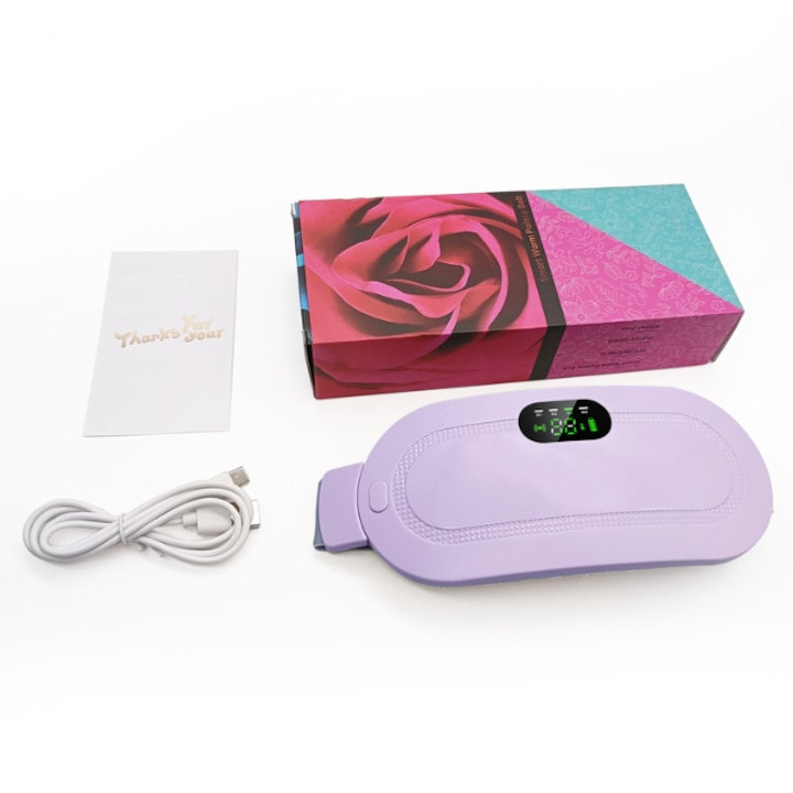 Centura pentru ameliorare dureri menstruale si lombare, cu 3 trepte de incalzire, 4 viteze vibromasaj, din material plastic, abs, textil, ecran LCD, -MOV