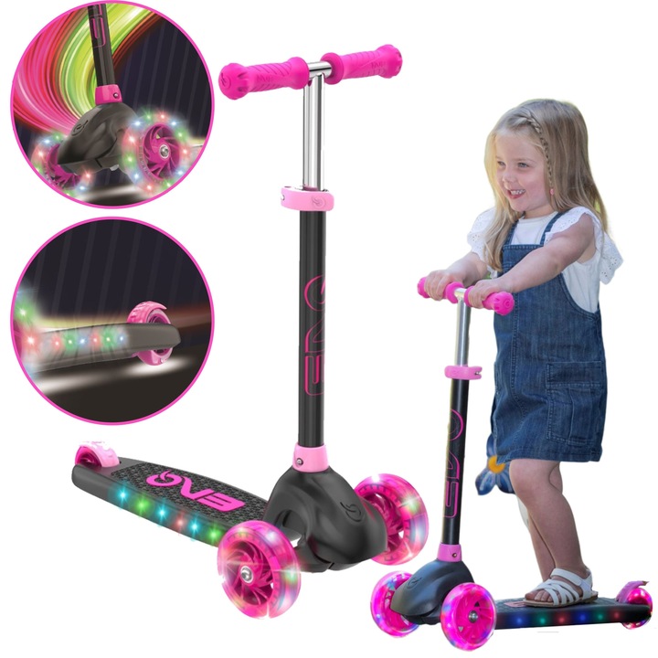 EVO állítható tricikli roller gyerekeknek, Eclipse rózsaszín, világító kerekekkel és platformmal