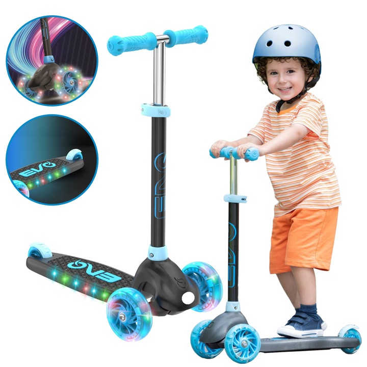 EVO állítható tricikli roller gyerekeknek, Eclipse kék, világító kerekekkel és platformmal