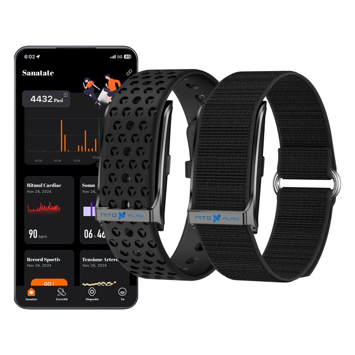 Nitoplay® Okos Fitnesz Karkötő, 2 Fekete Pánt, Bluetooth, GPS, Android/iOS, Román Menü, 35 Napos Akkumulátor Üzemidő, IP68 Vízállóság, Értesítések, Pulzus, Vérnyomás, SpO2, Alvás, Stressz, Kalória, Lépések, Menstruáció, 100+ Sportág, Mágneses Töltés