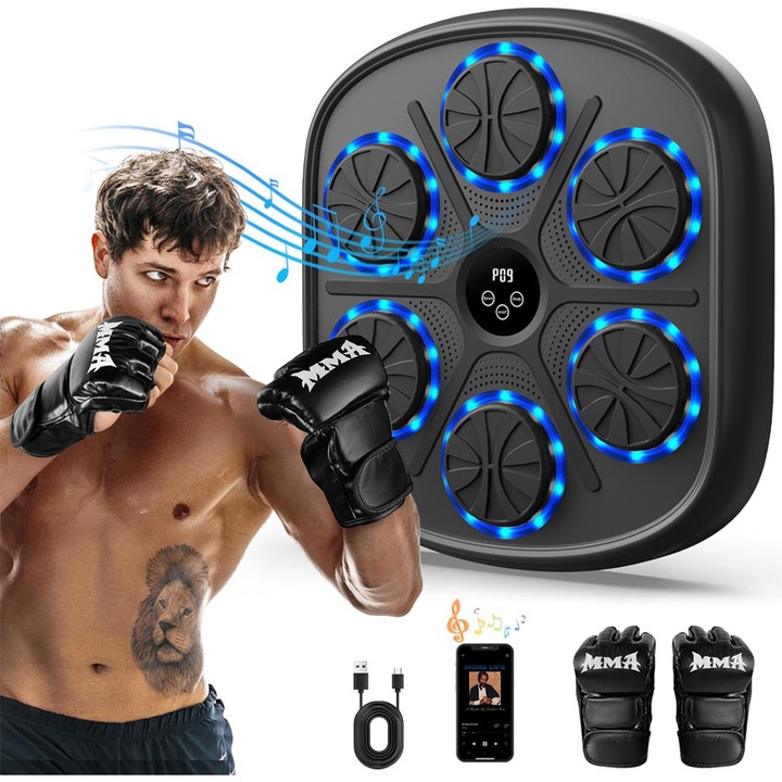 Мишена за боксови удари Rqiurpn, Bluetooth връзка, вграден високоговорител, 6 RGB точки, HD дисплей за наблюдение на ударите, LED осветление на зоната за удар, монтаж на стена, за деца и възрастни, черен