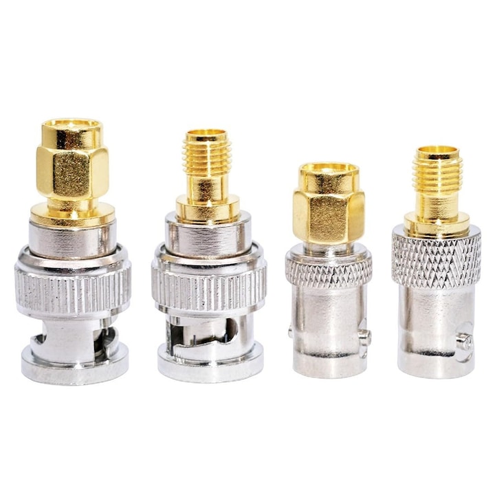 Set de 4 Adaptoare RF SMA, ZGGZERG, BNC tata la SMA mama, BNC tata la SMA tata, BNC mama la SMA mama, BNC mama la SMA tata, Pentru pigtail sau antena 5G GSM 3G 4G GPS WIFI LORA, Metal, Auriu