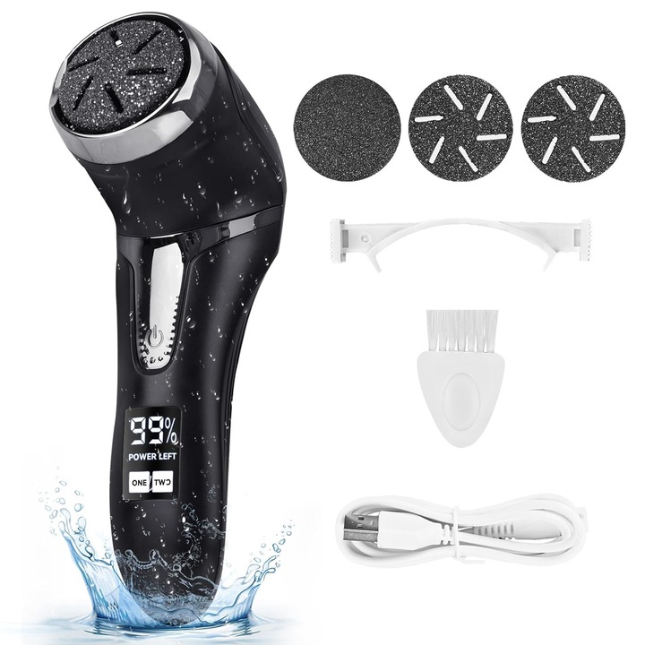 Elektromos talpreszelő készlet talpakhoz és sarokhoz, Axroad Mall, Elektromos talpreszelő, Tapadókoronggal, 3 fejjel, Digitális kijelző, Vízálló, 2 sebesség, USB töltés, Elhalt hámsejtek eltávolítása, Bőrkeményedés eltávolítása, ABS, 8*17cm, Fekete