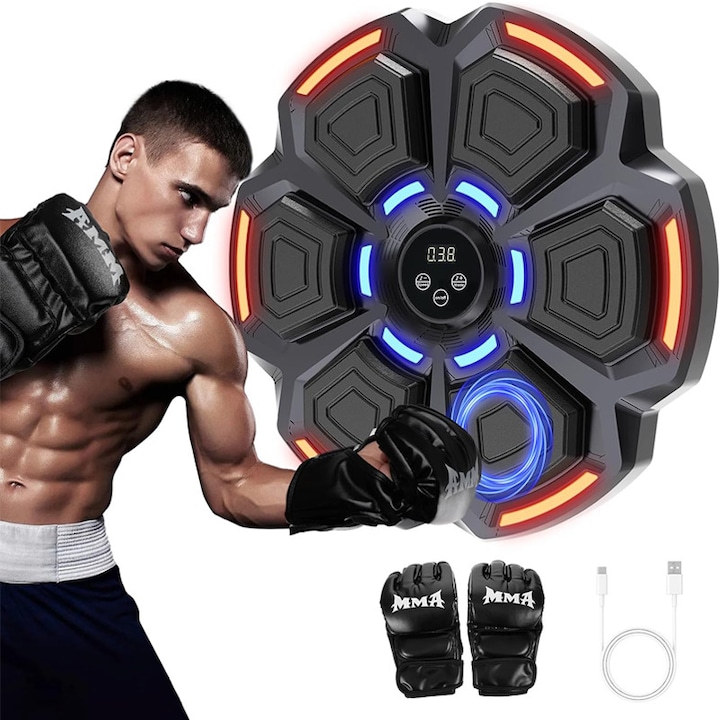 Мишена за боксови удари, Rqiurpn, зареждане чрез Type-C, Bluetooth връзка, вграден високоговорител за възпроизвеждане на музика, HD дисплей за наблюдение на ударите, LED осветление на зоната за удар, монтаж на стена, за деца и възрастни, черен