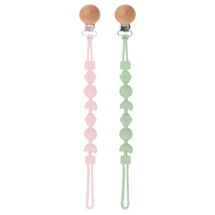 2 комплекта бебешки гризалки с катарама от неръждаема стомана, силиконови мъниста, щипка за залъгалка, розова и зелена
