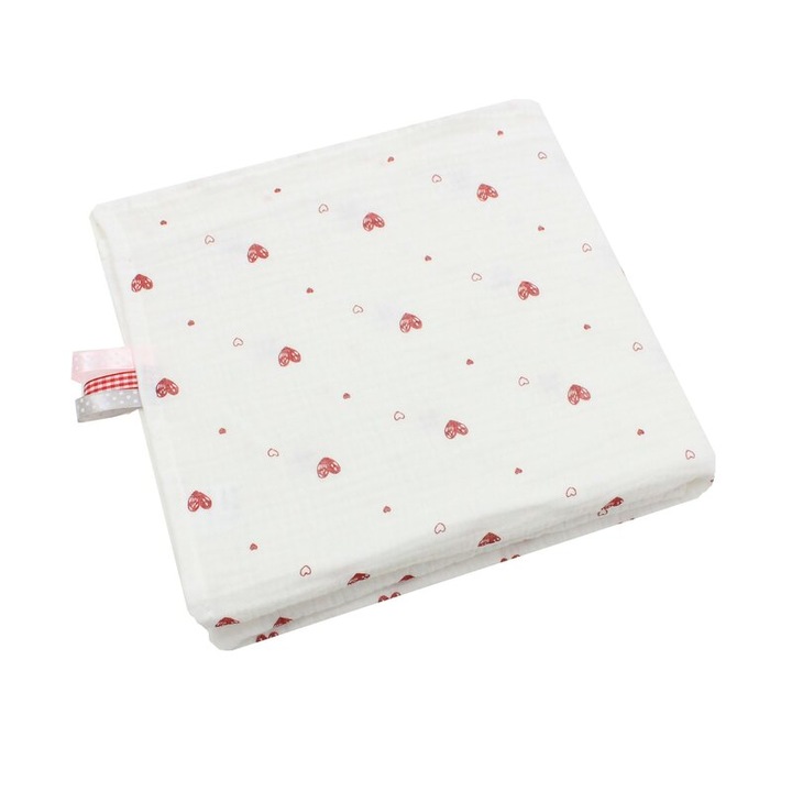 Paturica Maxi, Inimioare rosii, muselina, alb, 120x160 cm