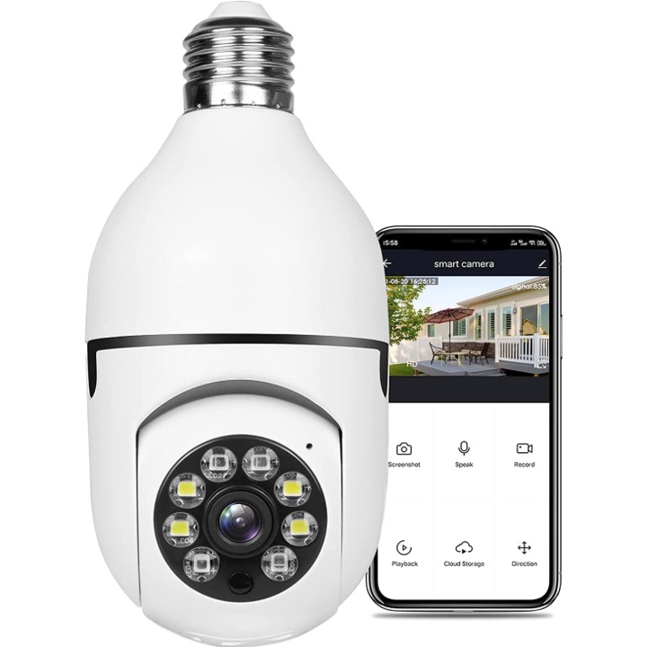 Camera de supraveghere tip bec, senzor de miscare, wireless, 1080p, two-way audio, Alarma, conectivitate wifi, cloud storage, rotire 360, viziune nocturna, alb