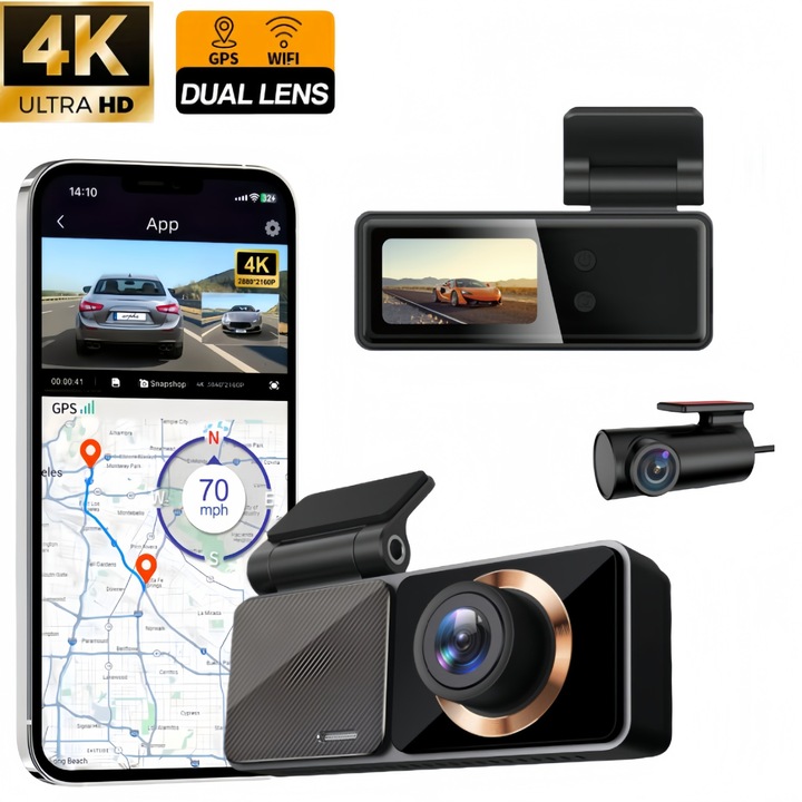 4K UHD + 1080P Видеорегистратор за задно виждане, GPS, WiFi, нощно виждане, G-сензор, режим на паркиране, цикличен запис, 3.18" IPS сензорен екран, ъгъл 170°, приложение за телефон, компактен дизайн