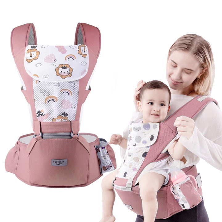 Ергономична раница за носене на бебе със седалка, 100% памук, 3 позиции за носене, регулируеми презрамки, с джобове за съхранение, макс. 20 кг, за бебета 0-36 месеца, розова