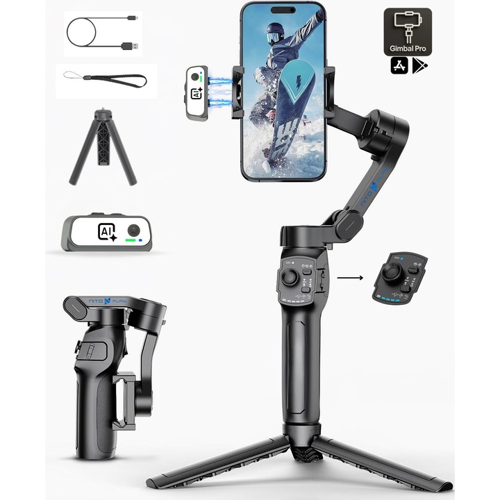 Stabilizator cu 3 Axe pentru Telefon NITOPLAY® Gimbal Smart L9 Stabilizare Foto/Video, Urmarire Automata a Fetei, AI Tracking, Aplicatie Gimbal Pro Android/iOS, Control prin Gesturi, Trepied, Autonomie pana la 10 Ore, Pliabil, Portabil, USB Tip-C