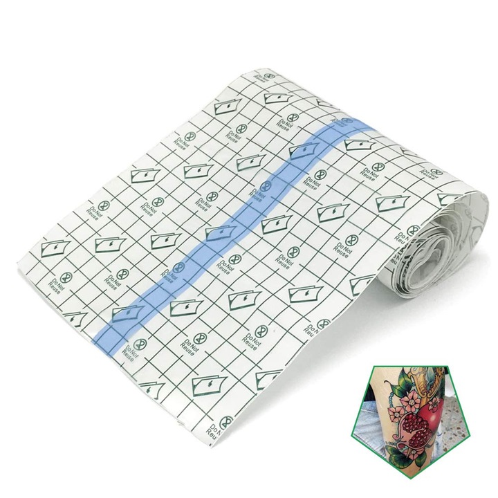 Folii protectie tatuaj, Anti-alergic, Impermeabil, Rezistent la praf, Poliuretan, Design in trei straturile, Usor de utilizat, Potrivit pentru uz profesional sau uz casnic, 15cm x 2m, Transparent
