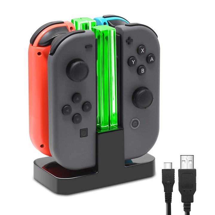 Зарядна станция Gamepda, Rqiurpn, за 4 JoyCon, компактна, LED индикатор, за Nintendo Switch, черна