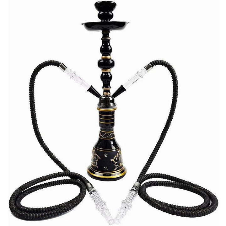 Set narghilea Rqiurpn cu 2 furtunuri, usor de asamblat si curatat, Metal, pentru acasa sau calatorii, 50 cm, negru