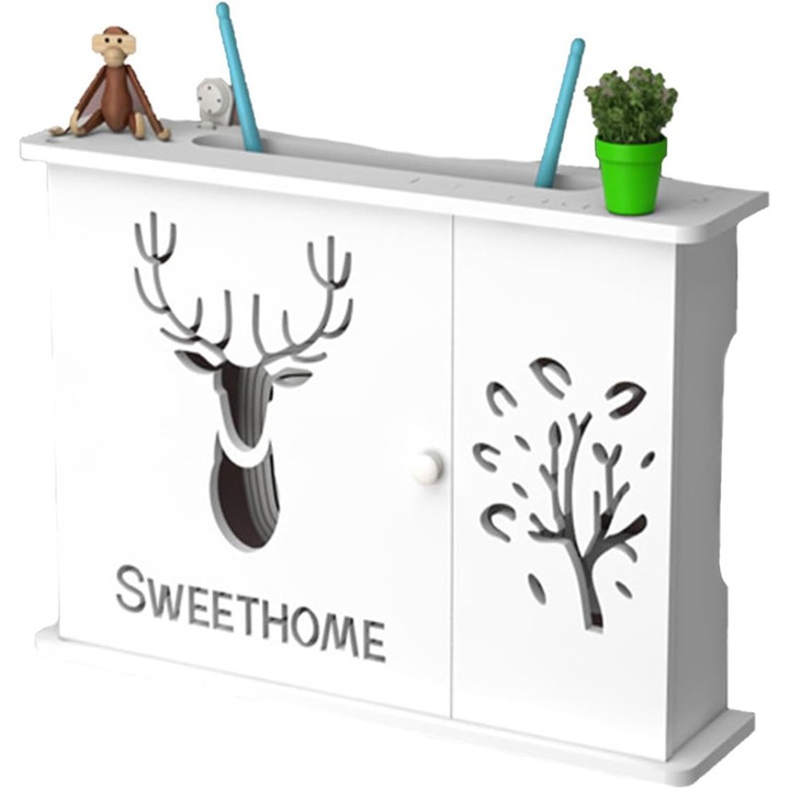 Рафт за рутер, Rqiurpn, 1 рафт, за стенен монтаж, за скриване на кабели и Wi-Fi оборудване, шарка на елени и дървета, бял