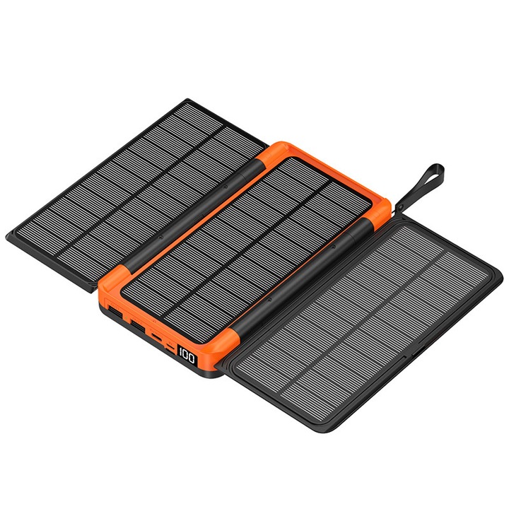 Соларна външна батерия 20000 mAh, Rqiurpn, 3 сгъваеми панела, съвместима с безжично зареждане, 2 USB изхода, LED фенерче, водоустойчива и устойчива на падане, снабдена с каишка, оранжева/черна