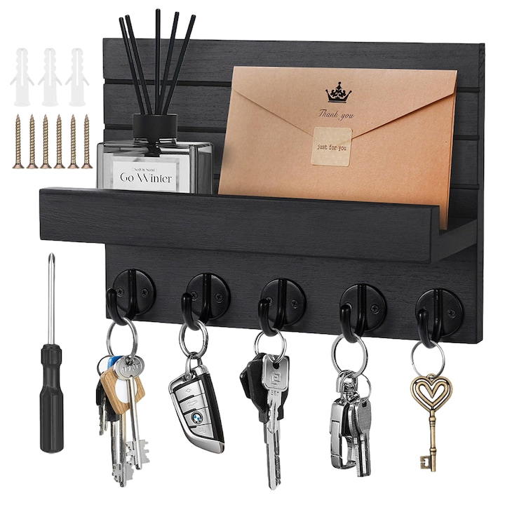 Ключодържател с рафт, стенен стелаж за съхранение с 5 куки, горна тава за съхранение, естествен дървен ретро стил, черен дървен ключодържател, лесен монтаж, 25.5*18.5*10.5 см, за антре, коридор, спалня, хол