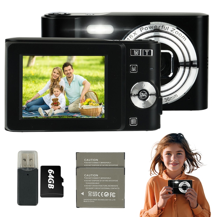 Digitális fényképezőgép, mini, hordozható, fotózáshoz, CCD-kamera, 50MP, 2,4", 16x digitális zoommal, képstabilizátorral, arcfelismeréssel, vakuval, gyerekeknek, tinédzsereknek, kezdőknek, fekete