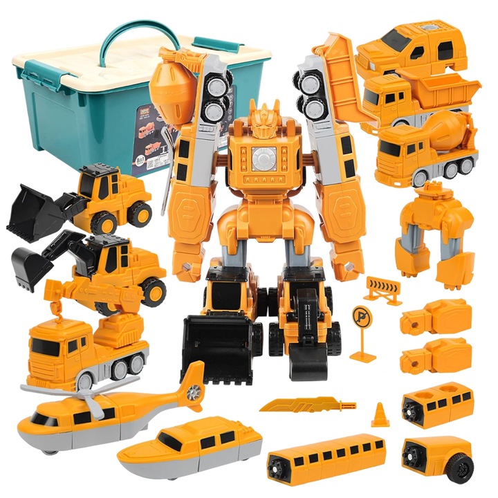 Комплект играчки за инженерни превозни средства, Образователен комплект играчки, Робот с магнитна деформация, Подходящ за деца, Забавен подарък, Моторни умения, Креативност, +3 години, Жълт, 31.5x15.7x21.6 см, 35 бр.