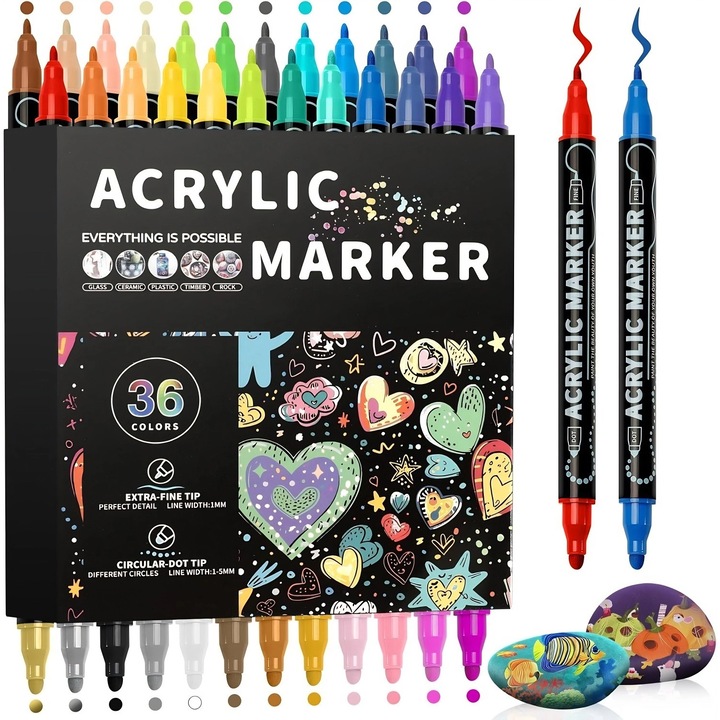 Set 36 De Markere Acrilice, Excitat@, VArf dublu, 36 de culori stilouri de vopsea, Rezistent la apa, Pentru consumabile de pictura pe piatra, lemn, ceramica, sticla, bricolaj, scrapbook si consumabile de arta, Multicolore