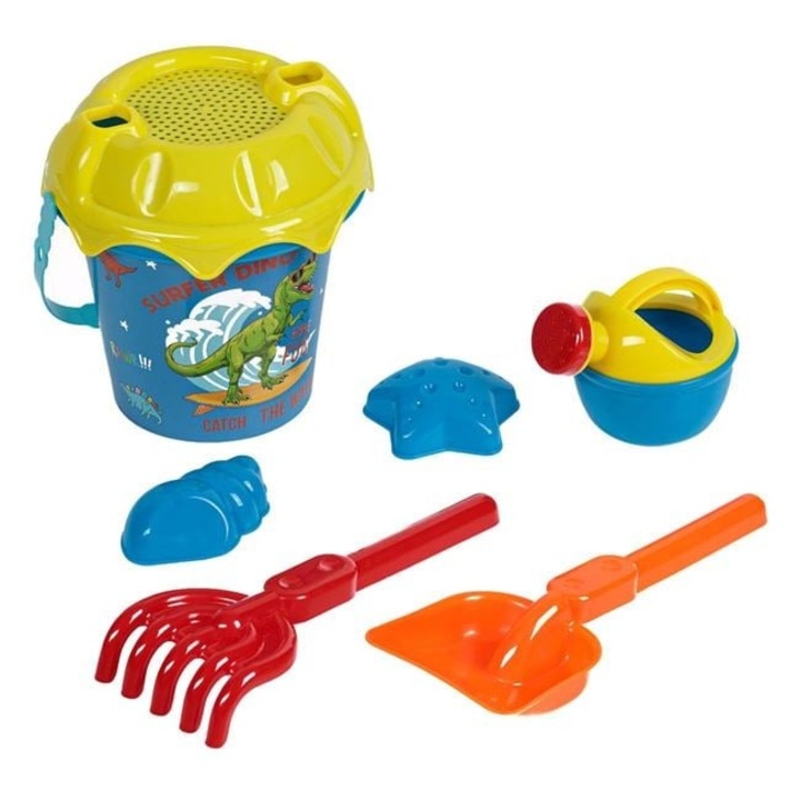 Set Jucarii Plaja Copii – Galeata Bleu cu Model Dinozauri Ø15x17cm si 5 Accesorii: Forme, Stropitoare, Lopatica si Grebla – Joaca Creativa in Nisip – ANTBRO®