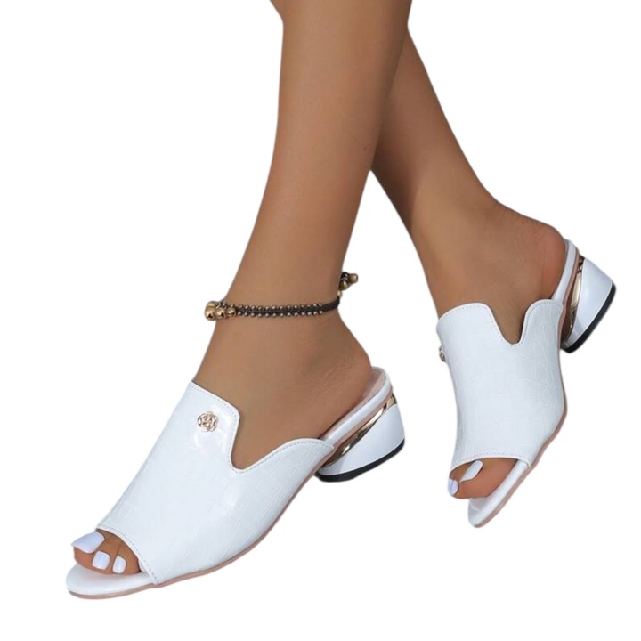 Papuci femei, albi, piele ecologica, imitatie crocodil, 37EU