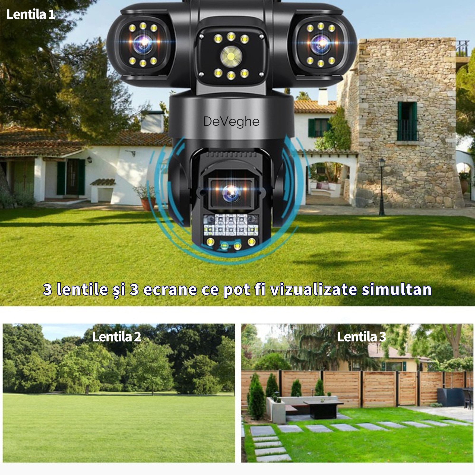 Camera de supraveghere tripla WiFi DeVeghe CT10 9MP, Full HD