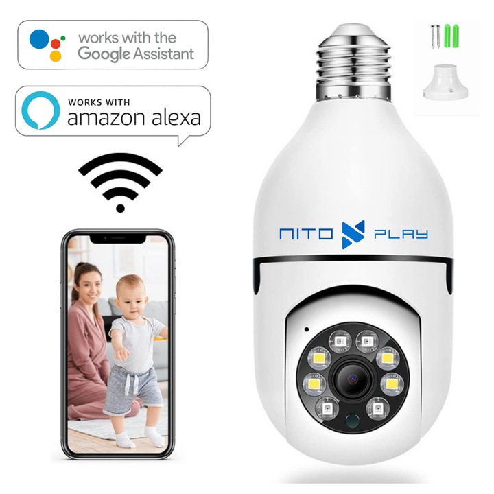 Камера за видеонаблюдение Nitoplay® Q3, монтаж за фасунга E27, Full HD, 5 GHz Wifi, нощно виждане, детектор на движение, LED, двупосочно аудио, съвместима с iOS/Android, аларма, високоговорител и микрофон, тип крушка, Google Assistant, Alexa