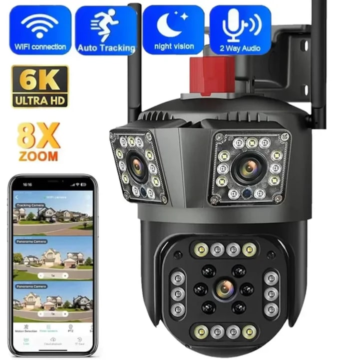 Камера за видеонаблюдение V380 PRO, смарт, 3 камери (1 въртяща се на 360°/180°), 12MP, LED със сирена, 2.4G WiFi, инфрачервен порт, TF карта до 64GB, връзка чрез приложението "V380 PRO", LAN кабел, захранване 220 V